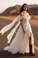 Load image into Gallery viewer, Floral A Line Ivory Maxi Beach Wedding Dress with Ruffles
