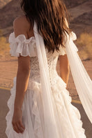 Load image into Gallery viewer, Floral A Line Ivory Maxi Beach Wedding Dress with Ruffles