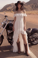 Load image into Gallery viewer, Ivory A Line High-Low Beach Wedding Dress with Ruffles