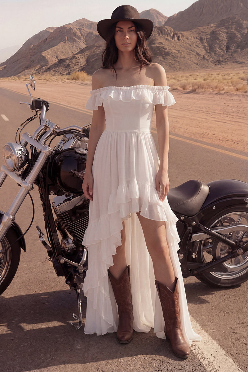 Load image into Gallery viewer, Ivory A Line High-Low Beach Wedding Dress with Ruffles