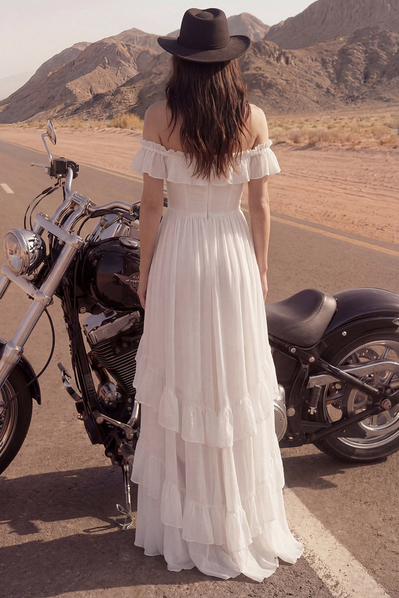 Load image into Gallery viewer, Ivory A Line High-Low Beach Wedding Dress with Ruffles