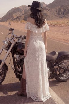 Floral Ivory Sheath Maxi Boho Wedding Dress with Slit