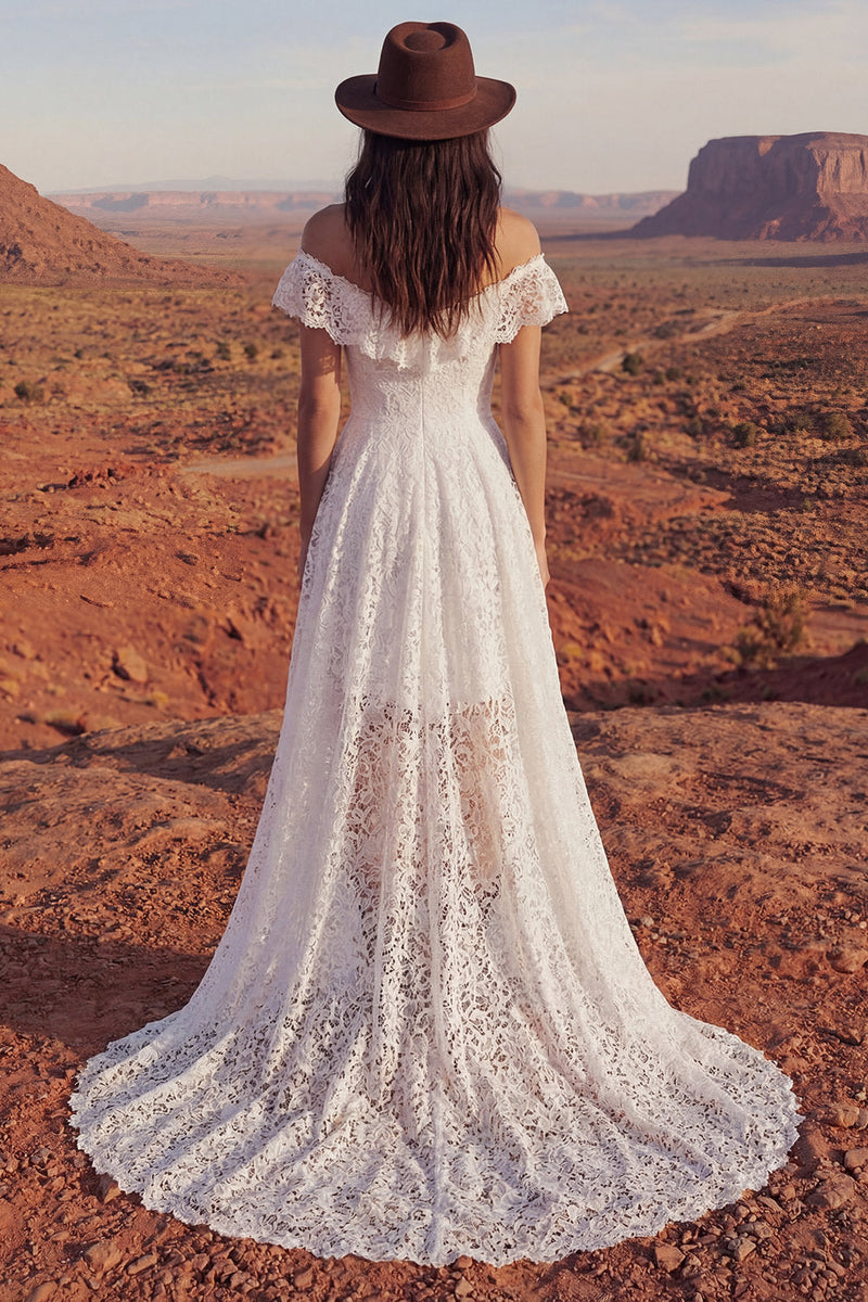Load image into Gallery viewer, Ivory High Low A Line Floral Boho Wedding Dress