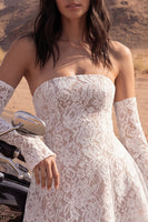 Load image into Gallery viewer, Floral Ivory Strapless Lace A Line Short Boho Wedding Dress