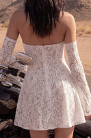 Load image into Gallery viewer, Floral Ivory Strapless Lace A Line Short Boho Wedding Dress