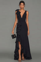 Load image into Gallery viewer, Black V-Neck Mermaid Long Formal Dress with Ruffles