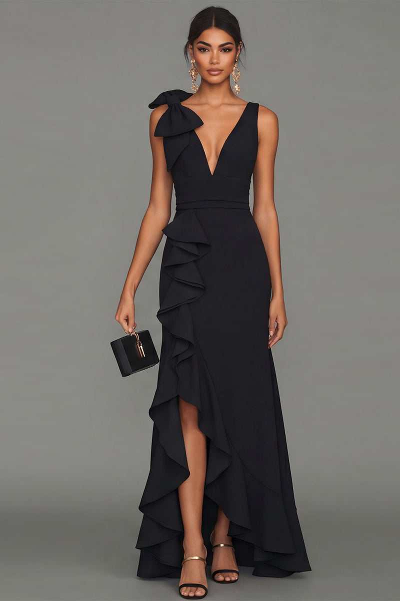 Load image into Gallery viewer, Black V-Neck Mermaid Long Formal Dress with Ruffles