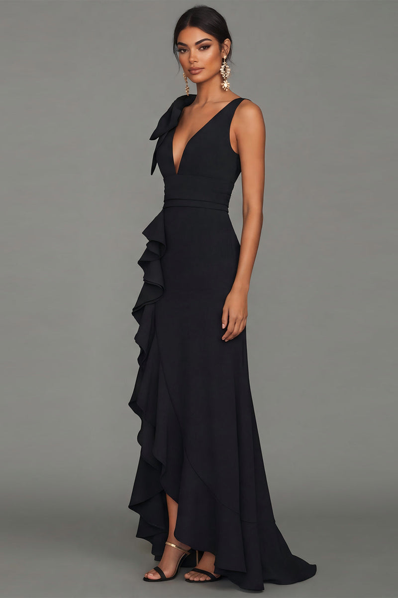Load image into Gallery viewer, Black V-Neck Mermaid Long Formal Dress with Ruffles