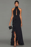 Load image into Gallery viewer, Black Long High Neck Mermaid Formal Dress with Ruffles