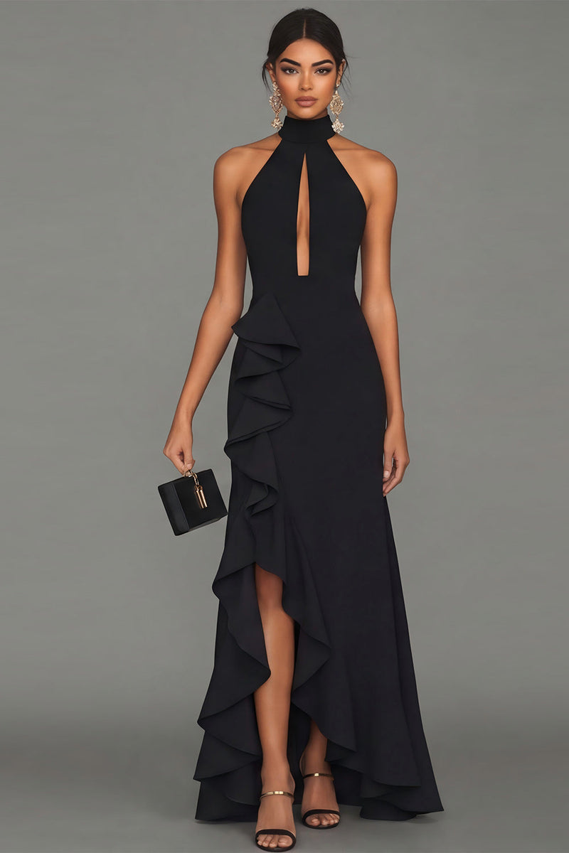 Load image into Gallery viewer, Black Long High Neck Mermaid Formal Dress with Ruffles