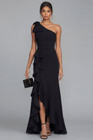 Load image into Gallery viewer, Black Long One Shoulder Mermaid Formal Dress with Ruffles