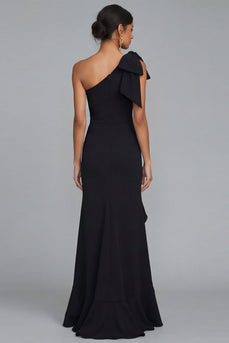 Black Long One Shoulder Mermaid Formal Dress with Ruffles