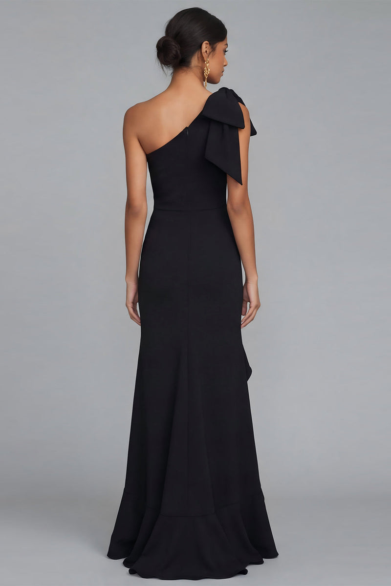 Load image into Gallery viewer, Black Long One Shoulder Mermaid Formal Dress with Ruffles