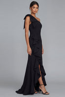 Load image into Gallery viewer, Black Long One Shoulder Mermaid Formal Dress with Ruffles