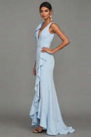 Load image into Gallery viewer, Sky Blue Long Mermaid V-Neck Formal Dress with Ruffles