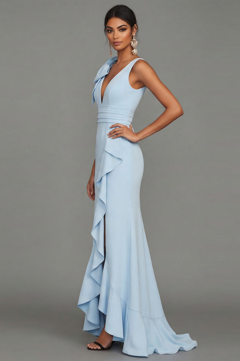 Load image into Gallery viewer, Sky Blue Long Mermaid V-Neck Formal Dress with Ruffles