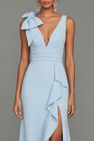 Load image into Gallery viewer, Sky Blue Long Mermaid V-Neck Formal Dress with Ruffles