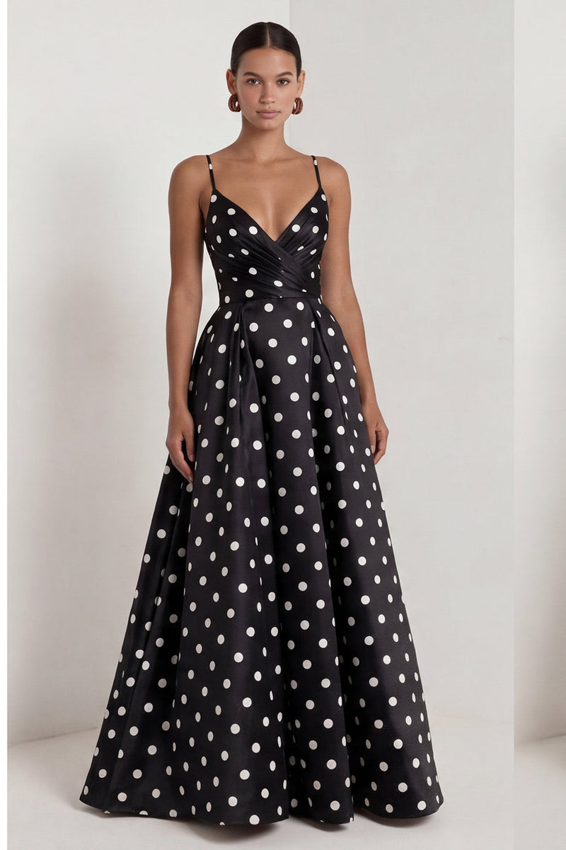 Load image into Gallery viewer, Black and White Polka Dots Long Ruched A Line Formal Dress