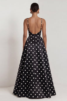 Black and White Polka Dots Long Ruched A Line Formal Dress