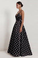 Load image into Gallery viewer, Black and White Polka Dots Long Ruched A Line Formal Dress