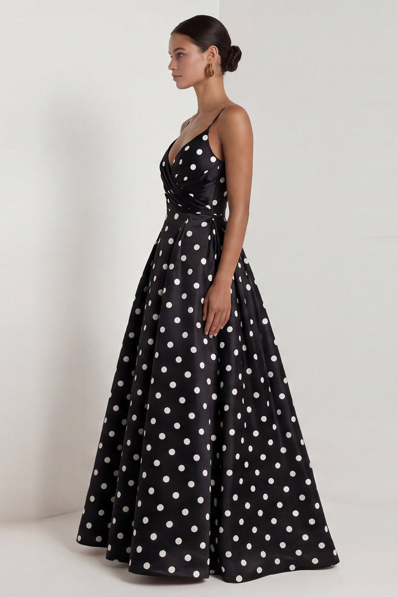 Load image into Gallery viewer, Black and White Polka Dots Long Ruched A Line Formal Dress
