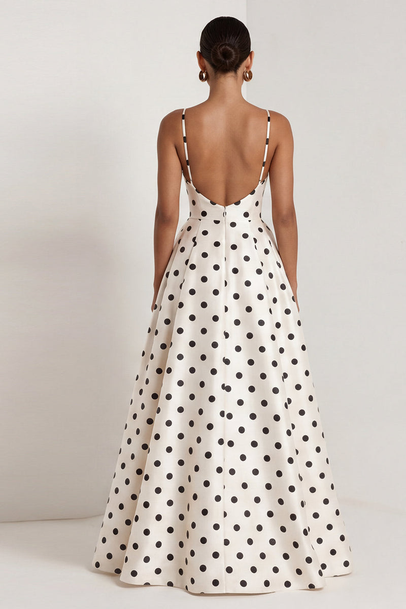 Load image into Gallery viewer, Black and White Polka Dots Long Ruched A Line Formal Dress