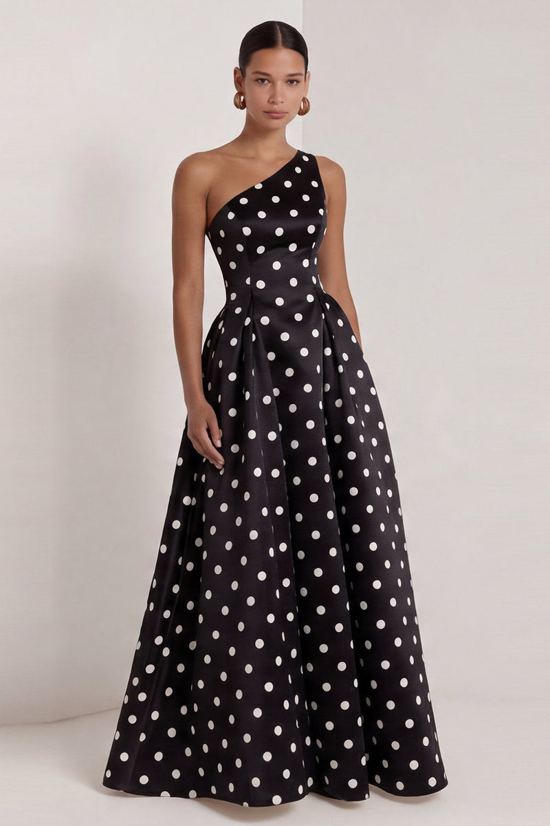 Load image into Gallery viewer, One Shoulder Black and White Polka Dots A Line Long Formal Dress