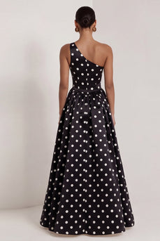 One Shoulder Black and White Polka Dots A Line Long Formal Dress