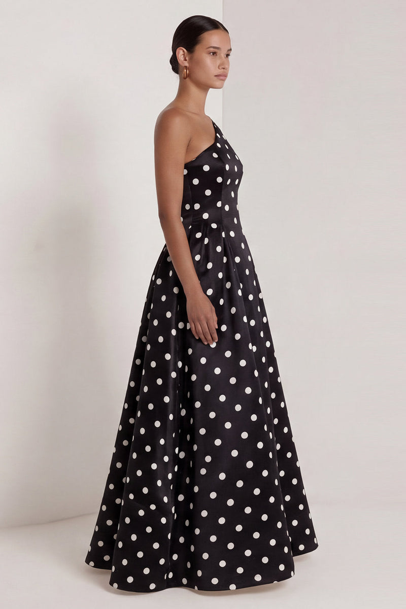 Load image into Gallery viewer, One Shoulder Black and White Polka Dots A Line Long Formal Dress