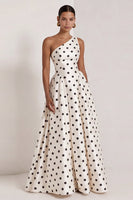 Load image into Gallery viewer, One Shoulder Black and White Polka Dots A Line Long Formal Dress