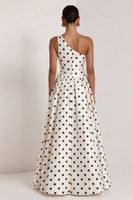 Load image into Gallery viewer, One Shoulder Black and White Polka Dots A Line Long Formal Dress