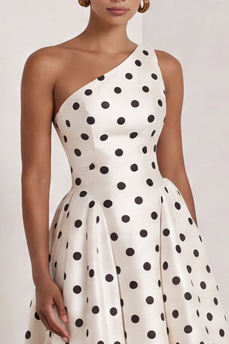 Load image into Gallery viewer, One Shoulder Black and White Polka Dots A Line Long Formal Dress