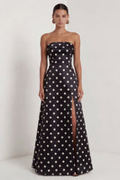 Load image into Gallery viewer, Strapless Black and White Polka Dots A Line Long Formal Dress with Slit