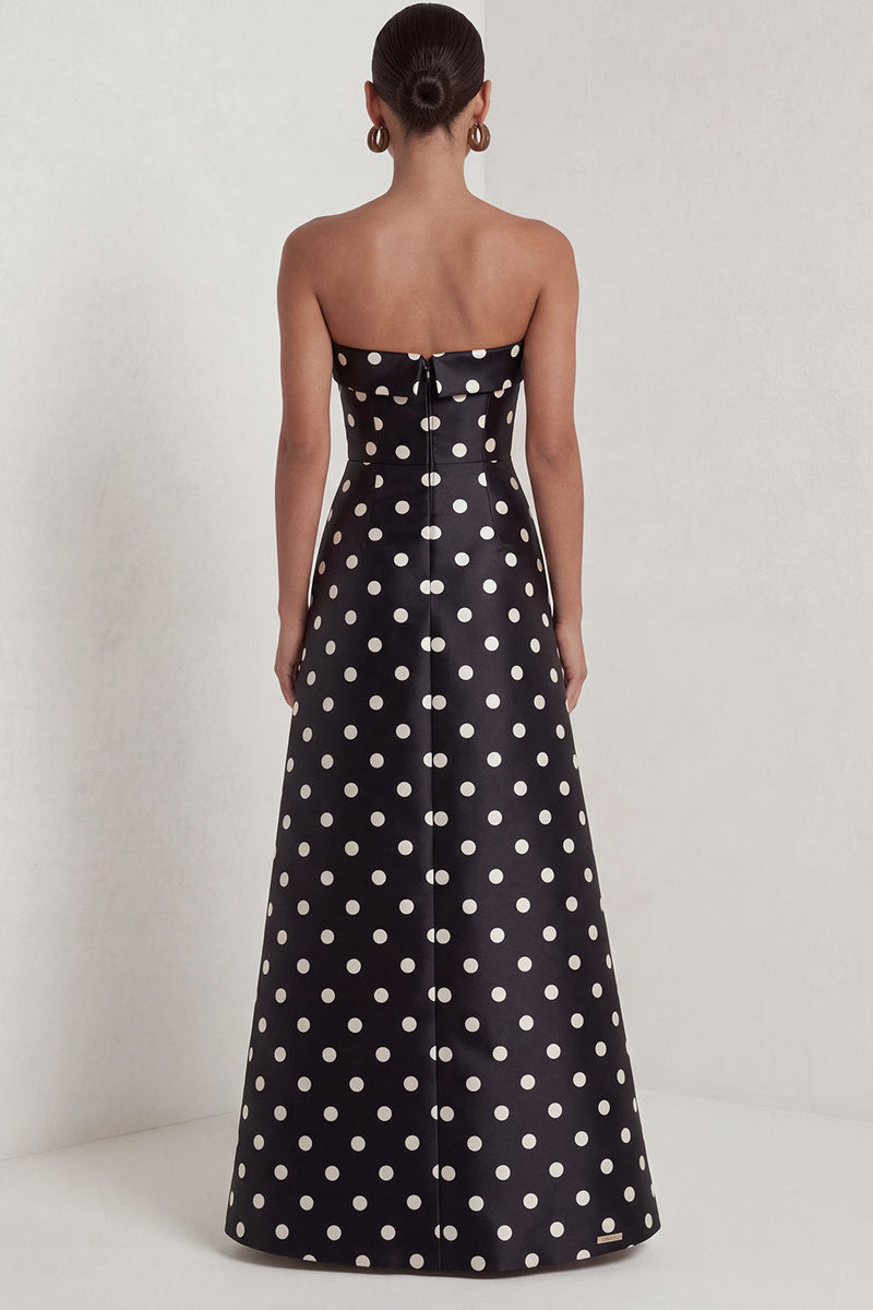 Load image into Gallery viewer, Strapless Black and White Polka Dots A Line Long Formal Dress with Slit