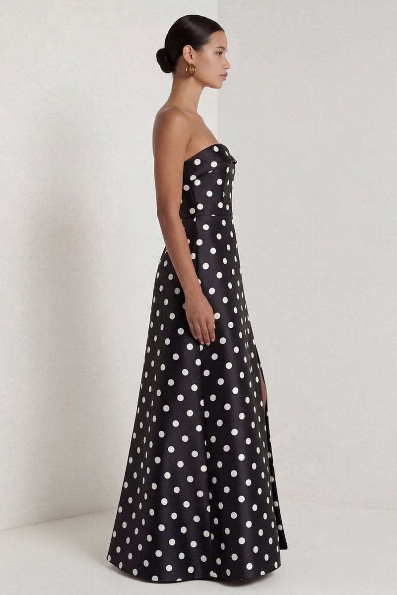 Load image into Gallery viewer, Strapless Black and White Polka Dots A Line Long Formal Dress with Slit
