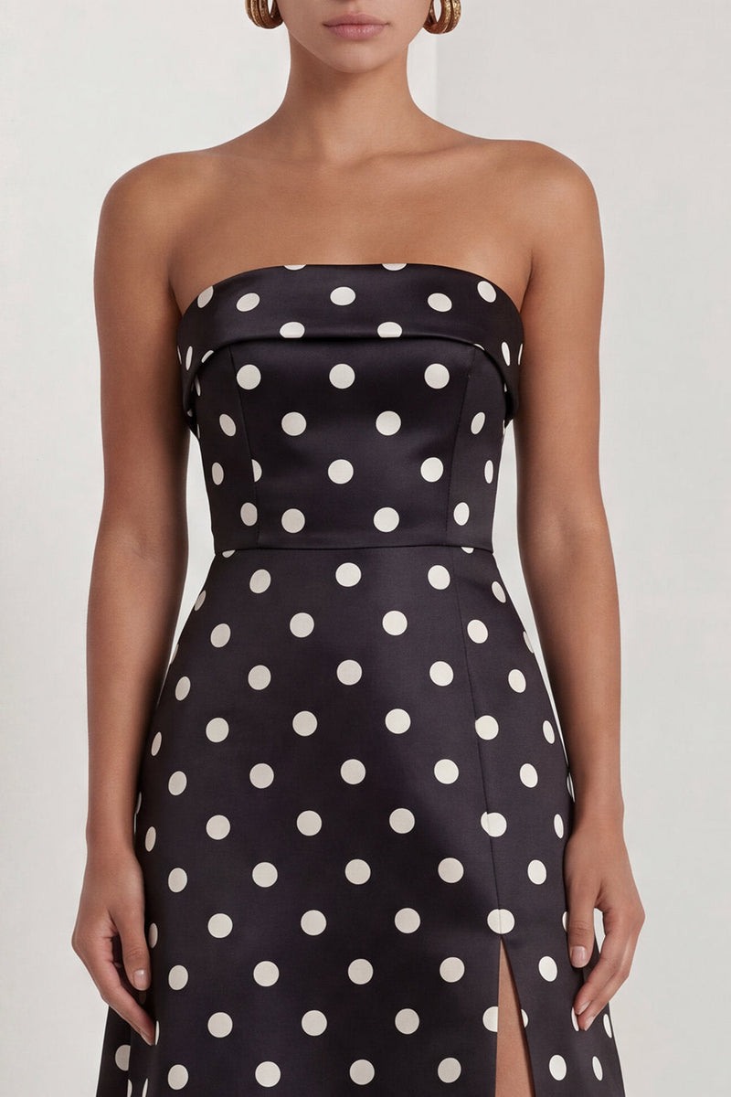 Load image into Gallery viewer, Strapless Black and White Polka Dots A Line Long Formal Dress with Slit