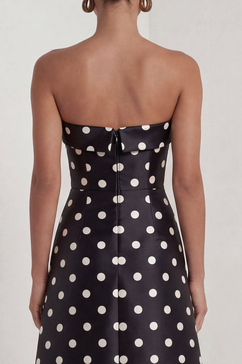 Load image into Gallery viewer, Strapless Black and White Polka Dots A Line Long Formal Dress with Slit