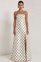 Load image into Gallery viewer, Strapless Black and White Polka Dots A Line Long Formal Dress with Slit