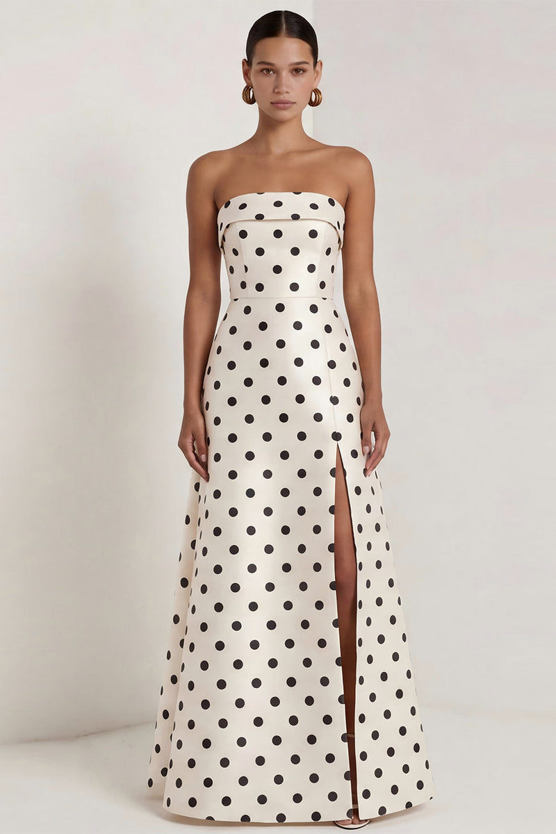 Load image into Gallery viewer, Strapless Black and White Polka Dots A Line Long Formal Dress with Slit