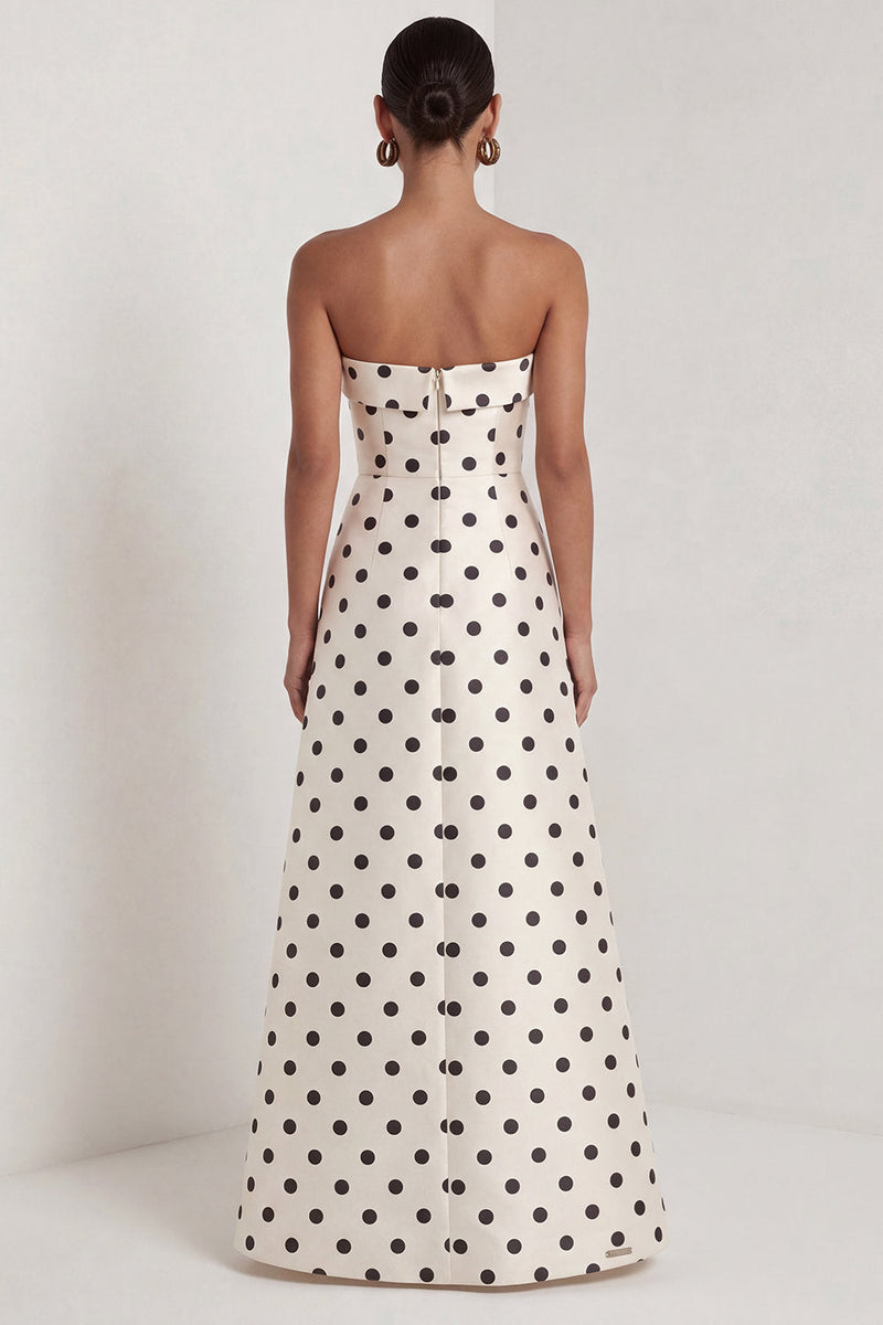 Load image into Gallery viewer, Strapless Black and White Polka Dots A Line Long Formal Dress with Slit