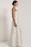 Load image into Gallery viewer, Strapless Black and White Polka Dots A Line Long Formal Dress with Slit