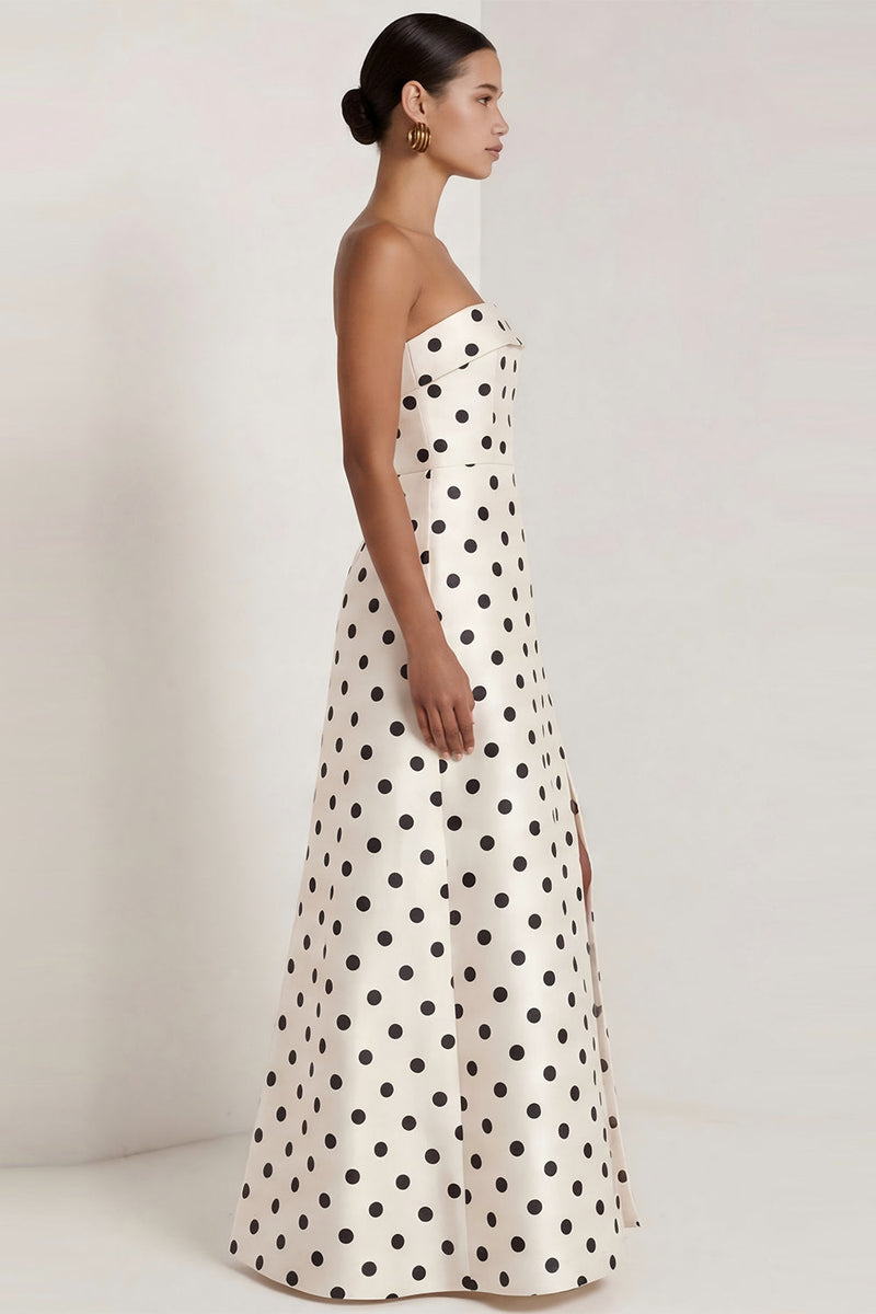 Load image into Gallery viewer, Strapless Black and White Polka Dots A Line Long Formal Dress with Slit