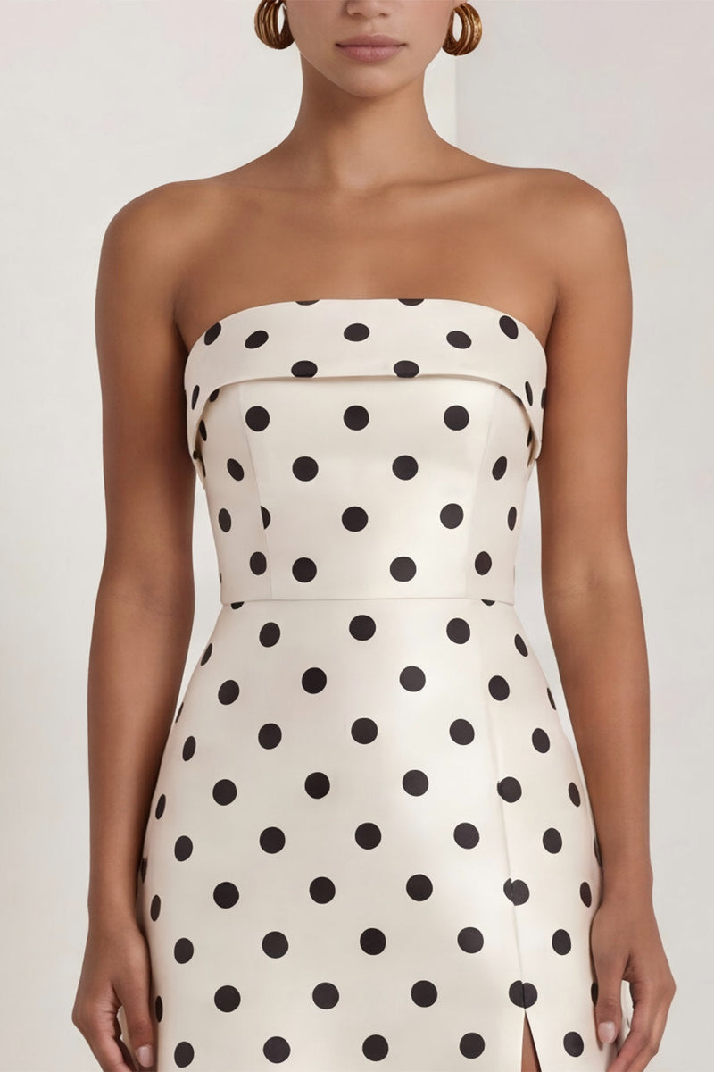 Load image into Gallery viewer, Strapless Black and White Polka Dots A Line Long Formal Dress with Slit