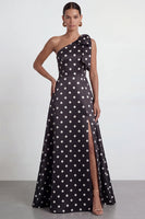 Load image into Gallery viewer, Black and White Polka Dots A Line Long Formal Dress with Bow