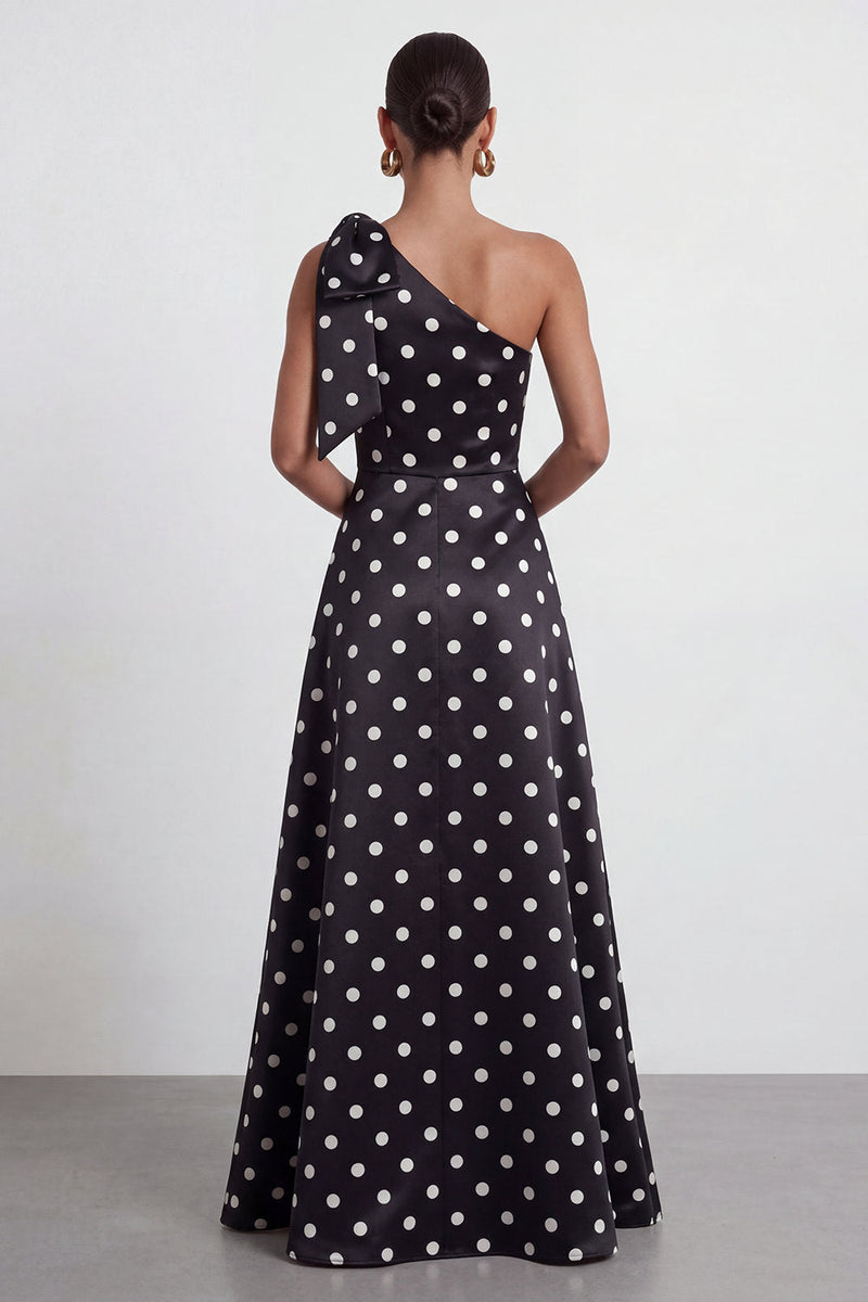 Load image into Gallery viewer, Black and White Polka Dots A Line Long Formal Dress with Bow