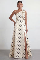 Load image into Gallery viewer, Black and White Polka Dots A Line Long Formal Dress with Bow