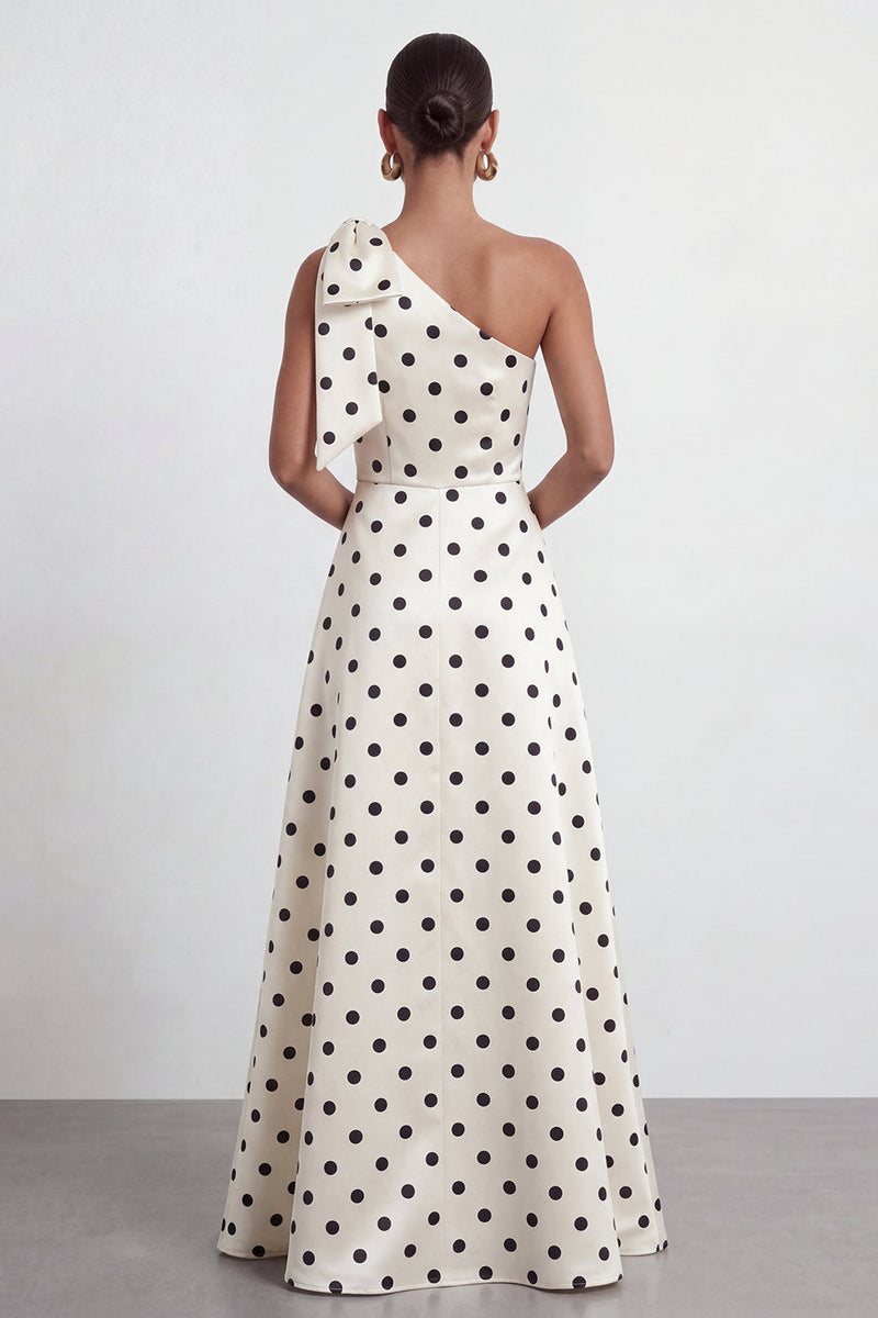 Load image into Gallery viewer, Black and White Polka Dots A Line Long Formal Dress with Bow
