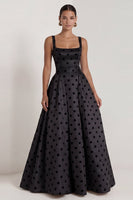 Load image into Gallery viewer, Square Neck Long A Line Black Polka Dots Formal Dress with Bow