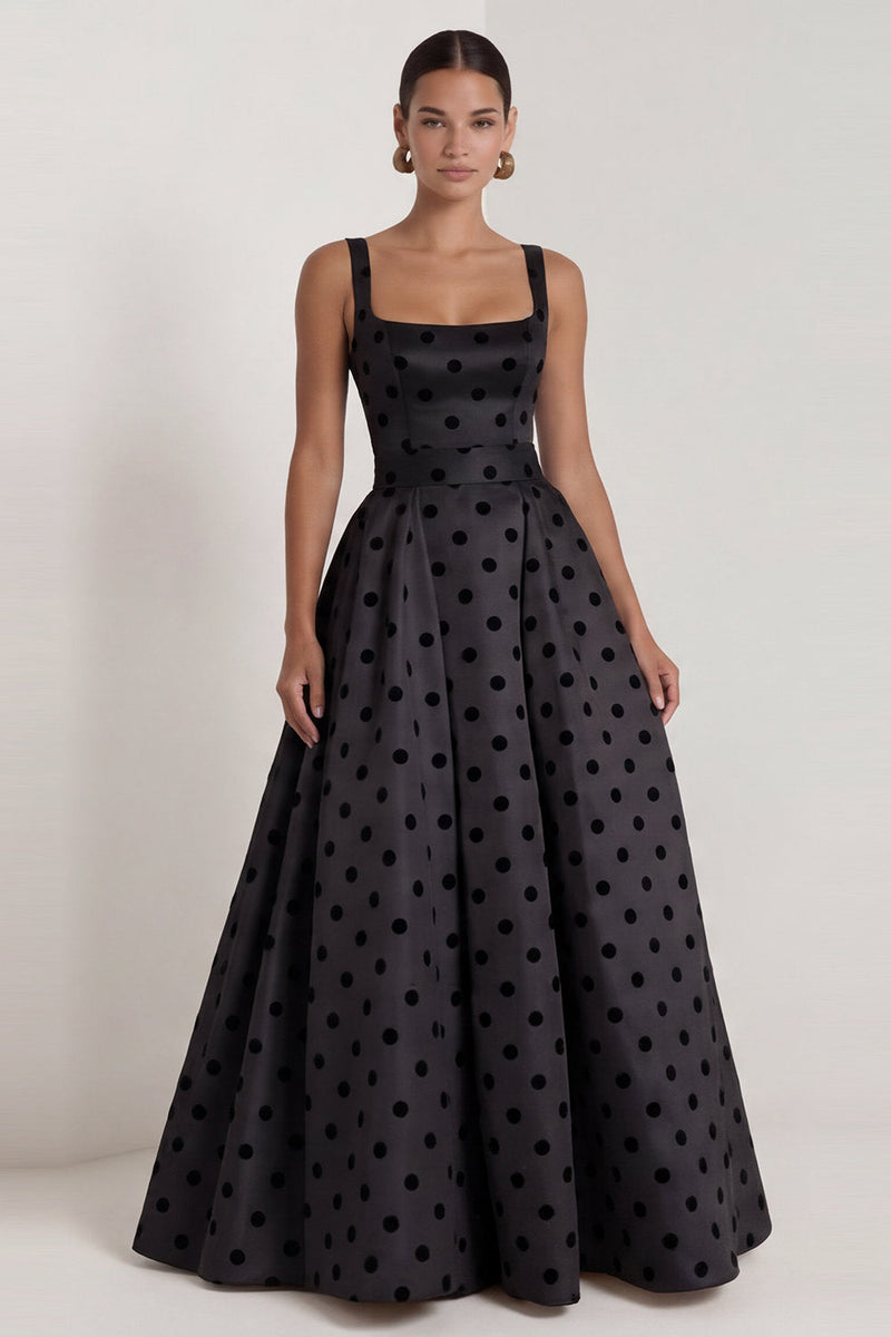 Load image into Gallery viewer, Square Neck Long A Line Black Polka Dots Formal Dress with Bow