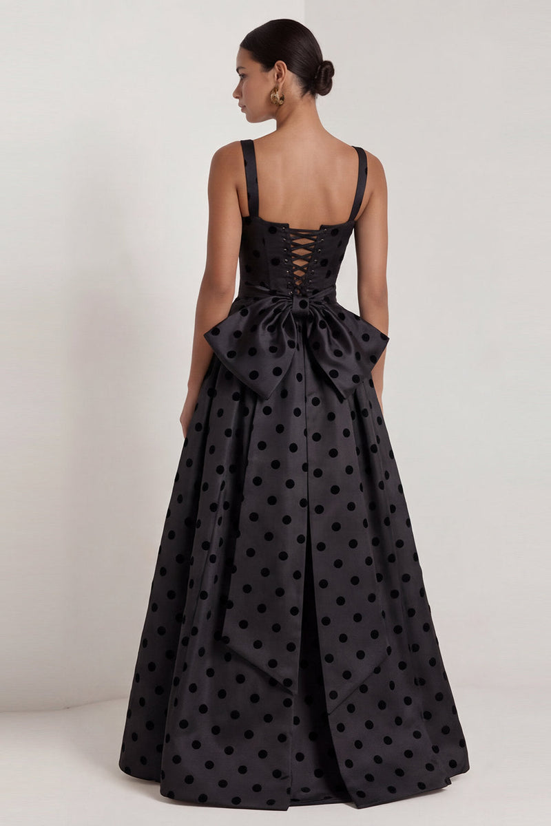 Load image into Gallery viewer, Square Neck Long A Line Black Polka Dots Formal Dress with Bow